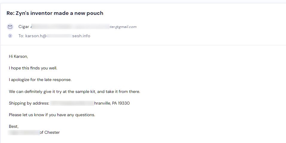 Retailer reply from Sesh Products